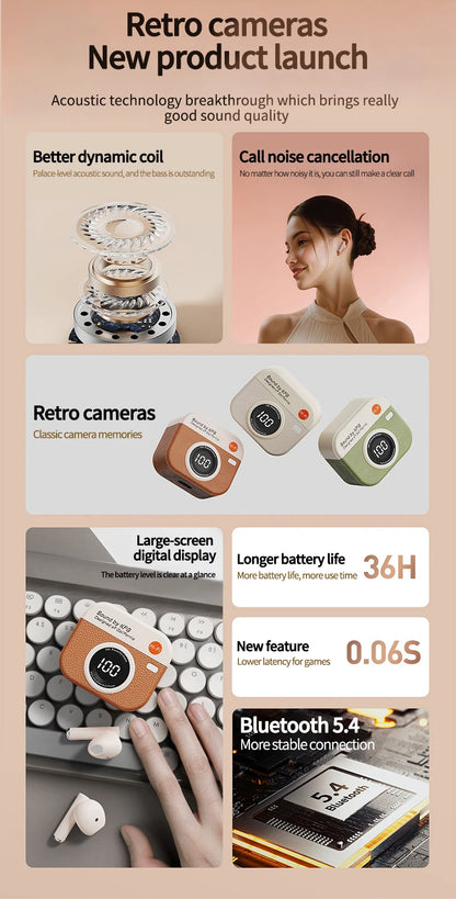 RetroCam TWS Earbuds – Vintage Camera-Inspired Wireless Earphones with LED Display & 36H Playtime