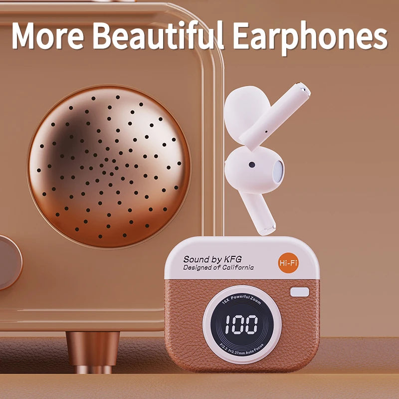 RetroCam TWS Earbuds – Vintage Camera-Inspired Wireless Earphones with LED Display & 36H Playtime