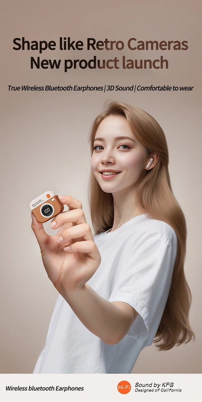 RetroCam TWS Earbuds – Vintage Camera-Inspired Wireless Earphones with LED Display & 36H Playtime