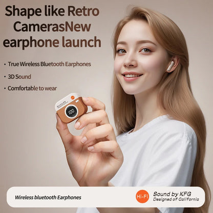 RetroCam TWS Earbuds – Vintage Camera-Inspired Wireless Earphones with LED Display & 36H Playtime